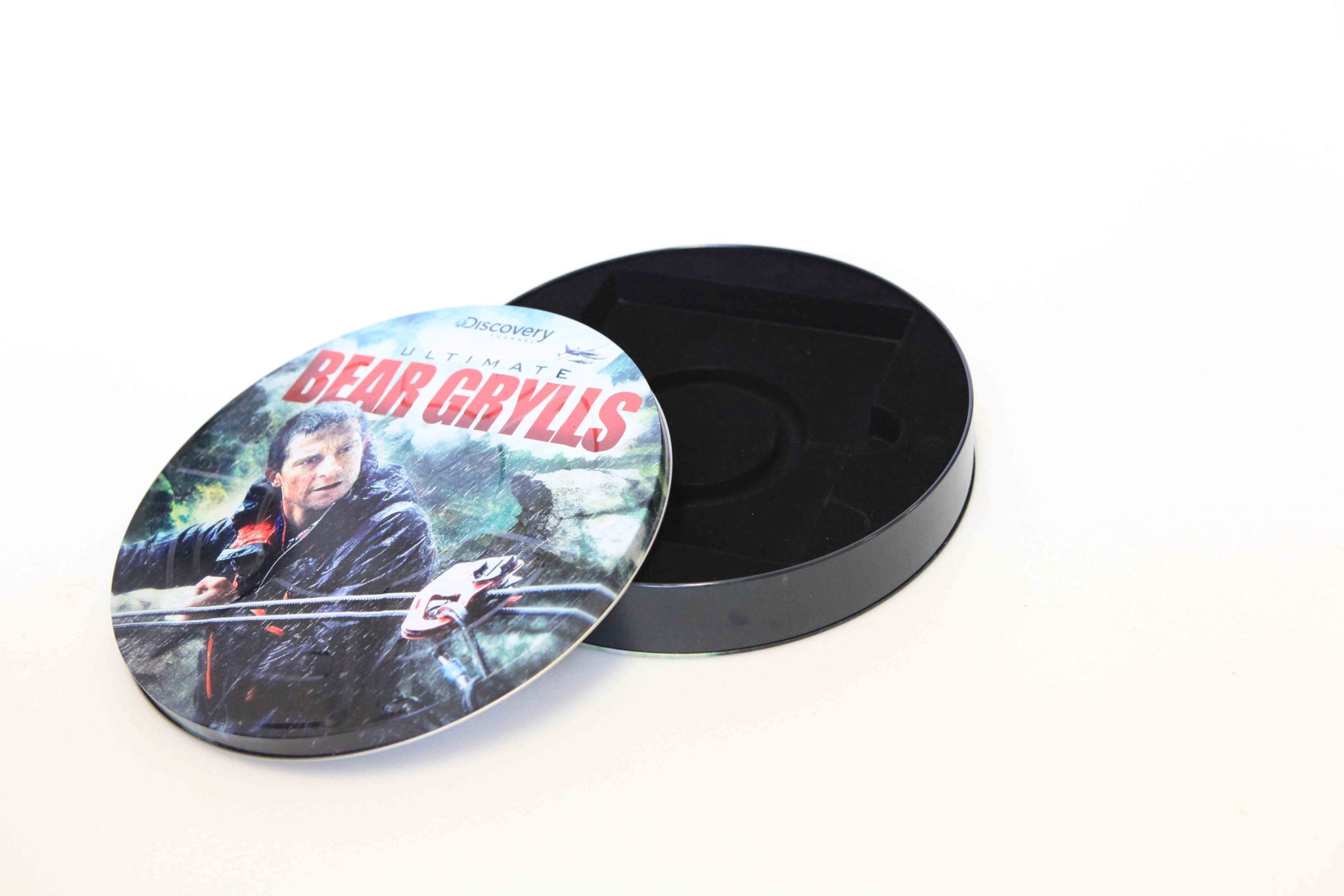 Product display tin with foam insert protecting the materials inside. Hi end foam materials for media and TV sensitive projects